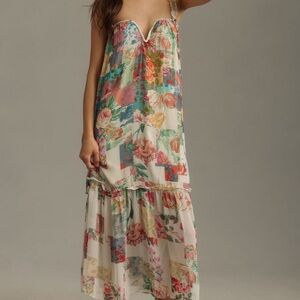 Anthropologie Floral Patchwork Maxi Dress in Cream with Pink & Green